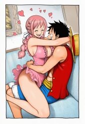 1boy 1girls ai_generated before_sex big_breasts big_legs closed_eyes hugging monkey_d_luffy one_piece open_mouth pink_hair rebecca_(one_piece) unknown_artist