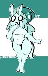 anthro blue_body blue_hair blue_skin female flat_chested gastropod hair hi_res long_hair lucky_daze mollusk nude shell shell_hat shell_only snail solo spiral_stream_derby thefablednekos white_eyes