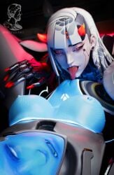 2girls 3d aristipstudio blizzard_entertainment echo_(overwatch) female female/female female_only overwatch overwatch_2 red_eyes shion_(overwatch) tongue tongue_out white_body white_hair yuri