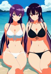 2girls ai_generated beach busujima_saeko simple_background sitting takamine_takane