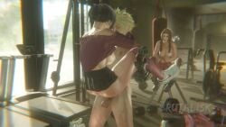 3d aerith_gainsborough big_breasts bouncing_breasts brutalisk cloud_strife final_fantasy final_fantasy_vii gym hi_res huge_breasts public tagme threesome tifa_lockhart video voice_acted workout