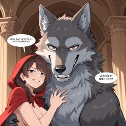 ai_generated bestiality big_bad_wolf blue_eyes breasts brown_hair canid canine canis claws clothing column dialogue dominant dominant_feral dominant_male duo exposed_breasts fairy_tales fangs female female_on_feral feral front_view fur grey_body grey_fur grin grinning_at_viewer hair happy hi_res human human_on_feral interspecies larger_feral larger_male little_red_riding_hood little_red_riding_hood_(folklore) male male/female mammal orange_eyes portrait proud red_clothing red_hood romantic romantic_couple showing_teeth sitting_on_ground size_difference smaller_female smaller_human smile smiling_at_viewer smug smug_face speech_bubble standing submissive submissive_female teeth wildclaw666 wolf