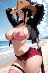 1girl ai_generated arms_up beach belt black_hair blue_eyes blue_sky breasts cloud covered_nipples day female female_only hat hi_res high_quality high_resolution kiraamane large_breasts long_hair navel nico_robin ocean one_piece outdoors patreon pink_bikini pink_shorts red_shorts seductive sexy shorts skindentation sky solo sweat thigh_strap thighhighs uncensored water watermark
