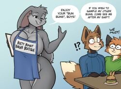 !? 1girls 2boys anthro apron areola_slip areolae ass blushing bottomless bottomless_female breasts brown_fur bunny burger cleavage clipboard english_text female female_focus flustered fox furry grey_fur hexteknik hips lagomorph lagomorph_humanoid large_ass large_breasts male rabbit sweater text thick_thighs thighs wide_hips