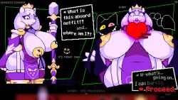 1girl 1girls big_ass big_breasts chubby chubby_female confused crown deltarune embarrassed english_text female_only friend_(deltarune) furry furry_female furry_only heart heresysheep horns looking_down massive_breasts pixel_art purple_lips purple_lipstick red_eyes robe scepter sleeves soul_(deltarune) stockings text toriel undertale_(series)