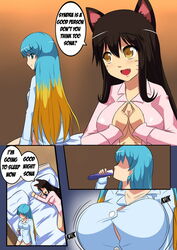 2girls ahri animal_ears big_breasts black_hair blonde_hair blue_eyes blue_hair blush breast_expansion cleavage clothed_female cute_fang dark_hair drinking drinking_potion english_text fangs female female_only huge_breasts kumiho large_breasts league_of_legends long_hair open_mouth panties potion sitting sleeping sleepwear sona_buvelle speech_bubble tagme text tongue two-tone_hair very_long_hair xano yellow_eyes yuri