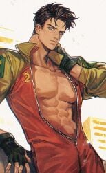 1boy abs absolute_dc artist_request bare_chest batman_(series) dc_comics jason_todd male_nipples male_only muscular_male no_visible_genitalia open_clothes open_jumpsuit pectorals robin_(dc) robin_(jason_todd) solo tagme teenage_male unzipped unzipped_jumpsuit