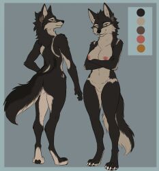 anthro areola breasts butt canid canine canis crossed_arms digital_media_(artwork) digitigrade el-gallo feet female fingers fox fur genitals hi_res looking_at_viewer looking_back mammal model_sheet nipples nude simple_background smile solo standing tail toes vulva wolf