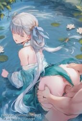 1boy 1girl 2026 ai_generated all_fours anus aqua_dress ass ass_grab back bare_shoulders bent_over blue_dress blush breasts breasts_out clothed_female_nude_male clothed_sex cocomiyart doggystyle dress earrings green_dress grey_eyes grey_hair hair_ornament hair_ribbon hair_rings hetero highres jewelry jinhsi_(wuthering_waves) lily_pad long_hair long_sleeves looking_at_viewer looking_back nipples nsfw off_shoulder open_mouth pelvic_curtain penis pussy sex sex_from_behind solo_focus thighhighs thighs twintails uncensored vaginal very_long_hair water white_hair white_thighhighs wuthering_waves