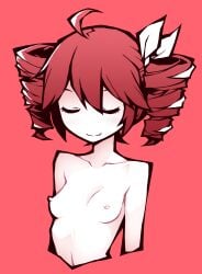 1girls ahoge akableak bare_shoulders breasts closed_eyes collar drill_hair female female_only kasane_teto kasane_teto_(sv) light-skinned_female light_skin nipples pale-skinned_female pale_skin red_background red_hair short_hair small_breasts smile solid_color_background solo upper_body utau