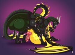 abdominal_bulge anal anal_penetration balls big_balls black_body black_tail bodily_fluids claws cum cum_inflation cum_inside dragon duo feet feral feral_on_feral feral_penetrated feral_penetrating feral_penetrating_feral genital_fluids genitals green_balls green_body green_tail grey_claws grey_horn hi_res horn huge_balls inflation male male/male male_penetrated male_penetrating male_penetrating_male multicolored_body mythological_creature mythological_scalie mythology open_mouth penetration penile penile_penetration penis penis_in_ass pink_penis pink_tongue purple_background scalie sex sharp_teeth simple_background tail teeth toes tofu-doggo tongue white_claws wings yellow_horn yellow_wings
