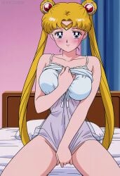 1girl ai_generated bedroom bishoujo_senshi_sailor_moon blonde_hair blonde_hair_female blue_eyes blue_eyes_female blushing blushing_at_viewer blushing_female clothed clothing female_focus female_only female_solo hair_buns horny horny_female legs_open long_hair long_hair_female looking_at_viewer medium_boobs medium_breasts medium_tits on_bed only_female open_legs pijama sailor_moon smiling solo_female solo_focus thick_legs thick_thighs tiara twintails upscaled usagi_tsukino