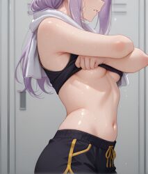 ai_generated breasts mejiro_mcqueen_(umamusume) purple_hair side_view sideboob small_breasts sweat sweaty umamusume umamusume_pretty_derby underboob