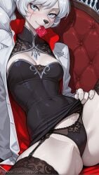 1girl ai_generated animal_ears animal_nose bangs black_panties blue_eyes blue_hair blush body_fur breasts collarbone cowboy_shot decurse furry furry_female hair_between_eyes hair_ornament large_breasts long_hair looking_at_viewer navel nipples outstretched_arms panties rwby sidelocks snout solo sweat underwear weiss_schnee white_fur x_hair_ornament
