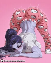 1girl 1girls ai_generated breasts breasts, camel_toe cameltoe cleavage clothed clothed_female curvy curvy_figure evekiss female female_focus female_only focus fully_clothed hello_kitty hello_kitty_(series) jack-o_pose large_breasts long_hair makeup nipples nipples_covered nipples_visible_through_clothing overwatch overwatch_2 pajamas pants ponytail purple_body purple_hair purple_skin pussy sfw solo solo_female solo_focus teeth thick_thighs thighs tight_clothes tight_clothing tight_fit tights uncensored wide_hips widowmaker yellow_eyes