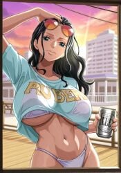 1girls ai_generated big_boobs big_breasts bikini bikini_bottom bikini_top black_hair blue_eyes curvy curvy_body curvy_female curvy_figure gtav_cover_girl huge_breasts kyoru189 large_breasts light-skinned_female light_skin looking_at_viewer mature_female nico_robin one_piece shiny shiny_skin solo solo_female standing sunglasses sunglasses_on_head