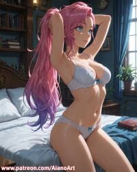 1girl ai_generated aianoart armpits arms_up bed blue_eyes book bra breasts cleavage clock indoors league_of_legends long_hair medium_breasts navel on_bed panties pink_hair plant seraphine_(league_of_legends) sitting smile solo stomach underwear underwear_only white_bra white_panties window