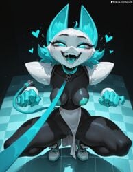 1girl ai_generated animal_ears aqua_eyes aqua_eyeshadow aqua_hair aqua_tongue breasts collar colored_nipples colored_skin colored_tongue deltarune eyeshadow heart holding_leash leash looking_at_viewer makeup medium_breasts nipples open_mouth pelvic_curtain pet_play pov pussy saliva shoes short_hair smile solo squatting tail tasque_manager_(deltarune) teeth tongue tongue_out viewer_holding_leash
