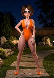 ai_generated big_breasts helen_parr looking_at_viewer sunglasses swimsuit the_incredibles thighs