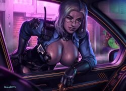 anonarts before_sex big_aerola black_panties blonde_female blonde_hair blue_eyes car condom cop cybernetics cyberpunk_2077 female_cop holding_condom holding_condom_wrapper large_breasts leaning_forward pasties thick_lips thong