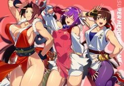 3girls athena_asamiya big_breasts brown_hair dress hairband headband huge_breasts king_of_fighters king_of_fighters_xv large_breasts light-skinned_female light_skin long_hair mai_shiranui medium_breasts pale-skinned_female pale_skin panties purple_eyes purple_hair shishimai_(shishimai33) shoes short_hair skirt sneakers thick thick_thighs thighs wink yuri_sakazaki