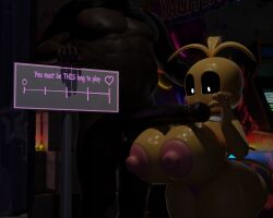 3d 3d_(artwork) animatronic areolae bbc big_black_cock big_breasts big_penis breast_squeeze breasts_focus confused curvy cute dark-skinned_male fat_male female female_only five_nights_at_freddy's fnaf hands_on_breasts hardframe high_resolution highres holding_breast huge_breasts huge_cock looking_at_penis measurements measuring_penetration_depth neutral_expression nipples party_room penis_in_breasts petite robot_girl shortstack small_waist solo thick_thighs thong toy_chica_(fnaf) wide_hips