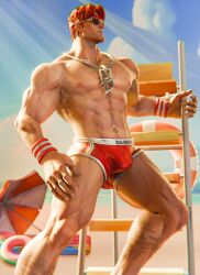 1boy bara beach bulge daredevil daredevil_(marvel_rivals) male male_only marvel marvel_rivals muscular muscular_male red_hair solo