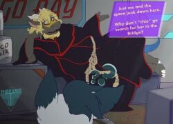 anthro casual_sex caught_in_the_act chua clothing dialogue dragon english_text hi_res kentah luna_muenster_(fursona) magic magic_user mythological_creature mythological_scalie mythology obscured_oral oral robe scalie sex stealth_sex tail text therasis under_clothes wildstar