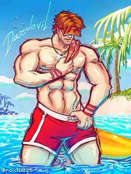 1boy bara beach bulge daredevil daredevil_(marvel_rivals) male male_only marvel marvel_rivals muscular muscular_male red_hair solo