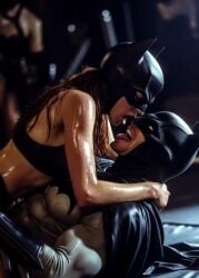 1boy1girl age_difference ai_generated barbara_gordon batgirl batgirl_(barbara_gordon) batman batman_(bruce_wayne) batman_(series) bruce_wayne cape dc_comics gloves half_naked male/female masked_female masked_male older_male superhero warner_brothers younger_female