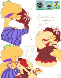 baker_(forsaken) elliot_(forsaken) hands_on_cheeks hearts_around_head holding_pizza hugging_while_kissing kissing reference_image scene_noob siliva spiked_bracelet text thinking_bubble yuri