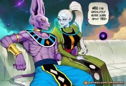 1boy 1girl abs alien_humanoid animal_ears beerus blue_skin clothing colored_skin couch domestic_cat dragon_ball dragon_ball_super dress duo earrings egyptian_clothes english_text felid felis female hairless hairless_cat hand_on_another's_stomach hetero jewelry long_hair male patreon_logo ponytail purple_eyes purple_skin sitting smile space speech_bubble sphynx_(cat) tail text vados white_hair