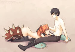 1boy 1girls 5-ish ass ass_up black_legwear blush breasts clothing fellatio female fiveish hand_on_head league_of_legends long_hair male open_mouth oral penetration penis rammus riot_games rule_63 sex short_hair thighhighs