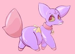 amputee bdsm body_modification bondage bound bow_ribbon clothing collar disability female fennekin feral feralsuit generation_6_pokemon hi_res latex latex_clothing nintendo permanent permanent_bondage permanent_encasement pink_body pokemon pokemon_(species) quadruple_amputee rabbitgirlnsfw rubbermon solo transformation