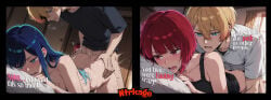 1boy 2girls ai_generated arima_kana ass_grab ass_up blonde_hair blue_hair blush cheating cheating_boyfriend english_text hi_res hoshino_aquamarine kurokawa_akane motion_lines netorare ntrkage oshi_no_ko prone_bone question_mark red_hair sex sex_from_behind