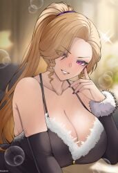 1girls big_breasts blonde_hair cleavage female haxial oc original original_character ponytail purple_eyes solo tagme
