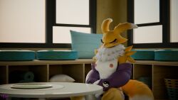 16:9 3d_(artwork) anthro armwear bandai_namco breasts cat_panties clothing digimon digimon_(species) digital_media_(artwork) eyes_closed female hi_res inside lir meditation medium_breasts nipples renamon solo widescreen