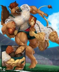 abs american_football american_football_uniform anthro ball barazoku barefoot biceps big_butt big_muscles big_pecs bodily_fluids bottomwear bottomwear_around_legs bottomwear_pull brown_body brown_fur bulge butt butt_focus calf_muscles canid canine canis clothing clothing_around_legs clothing_pull domestic_dog duo ear_piercing ear_ring feet felid feline football_field football_player football_uniform forearm_muscles frown fur german_shepherd glare glaring glaring_at_another glaring_at_partner grant_(musclesnstripes) green_bottomwear green_clothing green_shorts gridiron_ball hair herding_dog hi_res hybrid jason_steiner jockstrap liger low-angle_view male male/male mammal mane manly markings muscular muscular_anthro muscular_arms muscular_male muscular_thighs nexus orange_body orange_fur pantherine pastoral_dog pecs piercing rear_view red_body red_clothing red_fur red_hair red_jockstrap red_mane red_underwear ring_piercing rugby rugby_uniform scowl shirt shorts shorts_around_legs shorts_pull sport stern stern_look striped_body striped_fur striped_markings striped_tail stripes sweat sweatdrop sweaty_arms sweaty_body sweaty_butt sweaty_chest sweaty_crotch sweaty_face sweaty_legs tackle tail tail_markings tail_tuft taunt taunting taunting_partner thick_arms thick_thighs tight_bottomwear tight_clothing tight_shirt tight_shorts tight_topwear topwear tough_guy triceps tuft underwear wet wet_bottomwear wet_clothing wet_jockstrap wet_shirt wet_shorts wet_topwear wet_underwear white_bottomwear white_clothing white_shirt white_shorts white_topwear