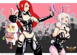 2girls battle_bunny_riven blush bondage breasts bunny_ears bunny_tail bunnygirl bunnysuit carrot cleavage cottontail_teemo detached_collar femdom femsub katarina_du_couteau league_of_legends multiple_girls necktie riot_games riven sword teemo the_grind_series voluptuous