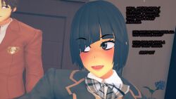1boy 1girl 3d 3d_model 3d_render childhood_friend comic_page dialogue female koikatsu light-skinned_female light_skin love lovers male peterson_walker school_girl spidey-dude story text wholesome yandere