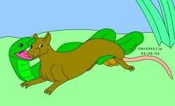 2004 balls blue_eyes blue_sky brown_body brown_fur coiling_around_balls colored dated duo feral fur genitals grass green_body green_grass green_scales imminent_oral_vore imminent_vore male male/male mammal murid murine open_mouth pink_nose plant rat reptile rodent scales scalie sky snake tail tongue urbanhermit