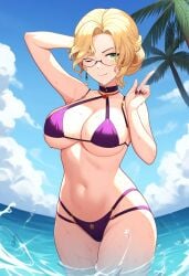 1girls ai_generated beach bikini blonde_female blonde_hair breasts glasses glynda_goodwitch green_eyes huge_breasts large_breasts mature mature_female milf rwby viz_media