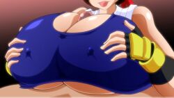 1girls big_breasts big_penis boobjob bra breasts brown_hair busty female gloves hands_on_breasts huge_breasts kaimanwanio karate_gi king_of_fighters latex light-skinned_female light_skin male male/female nipples paizuri penis short_hair tight_clothing titjob yuri_sakazaki