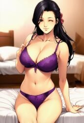 ai_assisted ai_generated big_breasts fanart half_updo lingerie long_hair milf oda_non winking_at_viewer