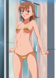 10s 1girls 2014 :o areolae_visible_through_clothing ass_visible_through_thighs bare_legs bare_shoulders bikini breasts brown_eyes brown_hair collarbone female gluteal_fold matching_hair/eyes micro_bikini midriff misaka_mikoto mokichi_(nvzy3n) navel open_mouth short_hair small_breasts solo standing surprised swimsuit teenage_girl teenager to_aru_kagaku_no_railgun to_aru_majutsu_no_index yellow_bikini