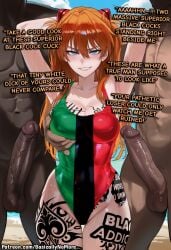 1girl ai_generated anime artist:basicallynomore asuka_langley_sohryu blacked dark-skinned_male dark_skin evangelion female interracial looking_at_viewer multiple_boys multiple_males multiple_penises pan_african_colors penis pubic_tattoo qos qos_tattoo queen_of_spades queen_of_spades_symbol queen_of_spades_tattoo tattoo tattoos text white_skin
