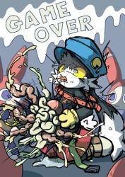 absurd_res ahegao ambiguous_gender anthro bandai_namco belly belly_burst belly_inflation belly_pop big_belly bursting colon english_text festi3334 game_over gameplay_mechanics gore group guts hi_res inflation klonoa_(series) lagomorph leporid looking_pleasured magic male mammal moan organs popping rabbit ring solo text