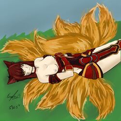 ahri breasts brown_hair female fox_ears fox_tail foxfire_ahri infernal_series kemonomimi league_of_legends looking_at_viewer multiple_tails nipples smile tagme thighs topless yellow_eyes