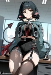 1girl ai_generated breasts desk green_eyes indoors jacket jane_doe_(zenless_zone_zero) large_breasts long_hair long_sleeves looking_at_viewer mihoyo necktie office pantyhose shorts skindentation smile solo sunori tail thighs torn_clothes torn_legwear zenless_zone_zero
