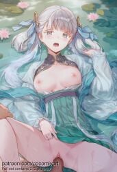 1boy 1girl 2026 ai_generated blue_ribbon blush breasts breasts_out chinese_clothes clothed_sex clothes_lift cocomiyart dress earrings flower grey_eyes grey_hair hair_ornament hair_ribbon hair_rings hetero highres jewelry jinhsi_(wuthering_waves) lily_pad long_hair long_sleeves looking_at_viewer lotus lying medium_breasts missionary nipples no_panties nsfw official_alternate_costume on_back open_clothes open_mouth partially_submerged penis pov pussy ribbon sex skirt solo_focus spread_legs thighs twintails uncensored vaginal water wet white_hair wuthering_waves